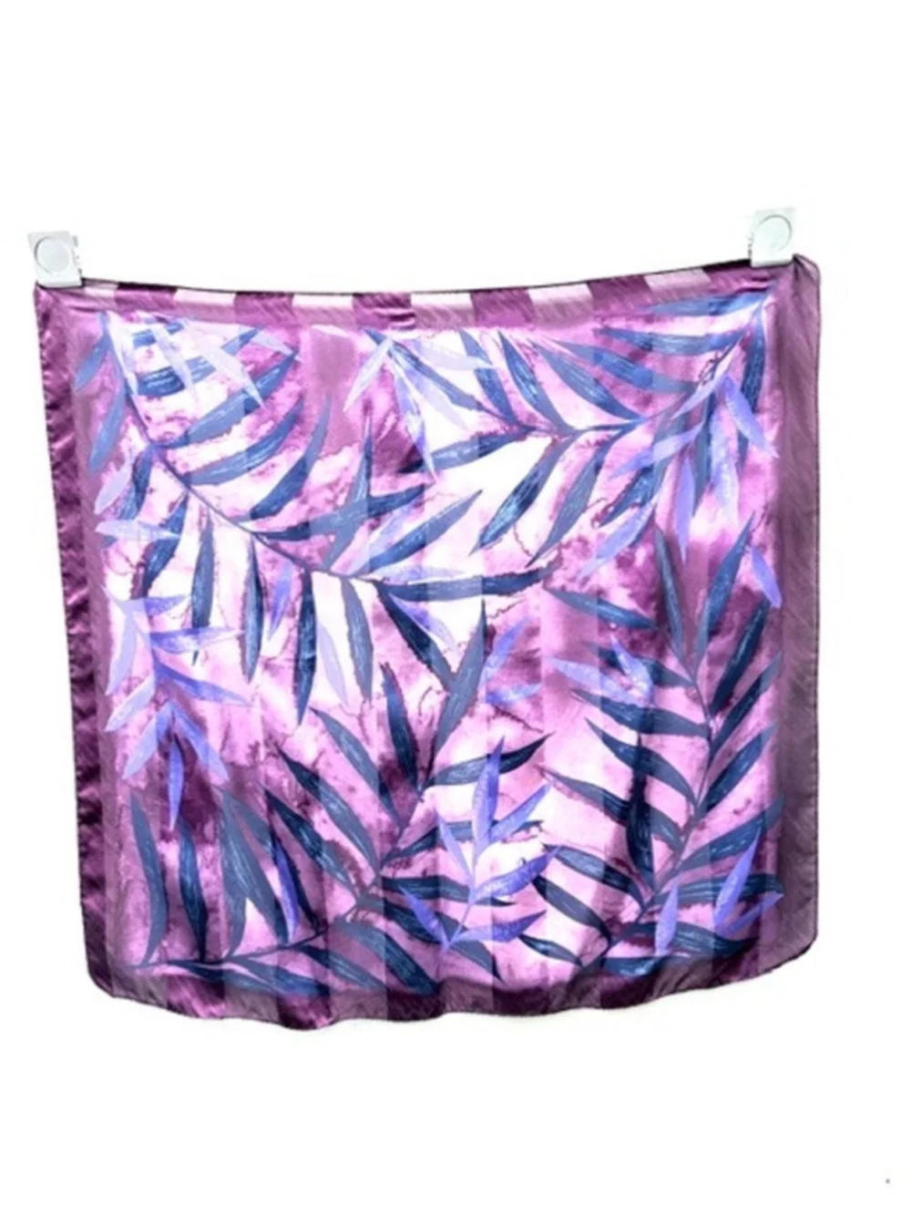 Purple Silky Palm Leaf Print Square Scarf, Tropical Botanical Bandana, Vintage